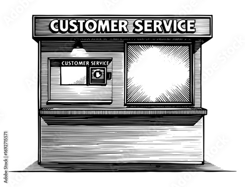 Customer service booth in a black and white vintage woodcut style