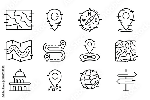 Glitchy Map Icons. Line style icons of glitch maps: distorted map, corrupted pin, duplicated compass, flickering marker; scrambled