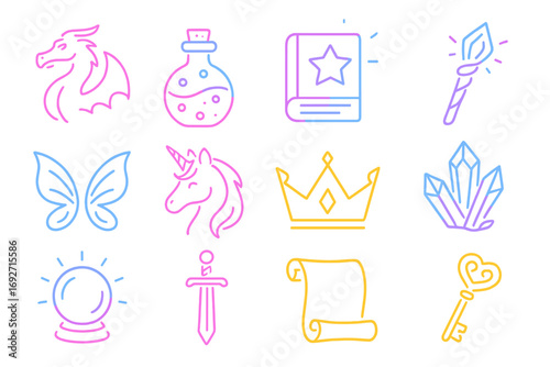 Neon Fantasy Icons. Line style icons of neon fantasy: neon dragon, neon potion, neon spellbook, neon staff; neon fairy wings, neon