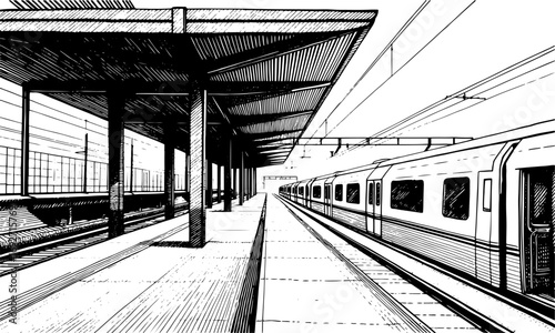 Sketch style drawing of a train at a station platform in black and white
