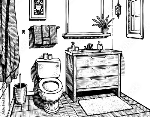 Engraved style bathroom interior illustration, black and white