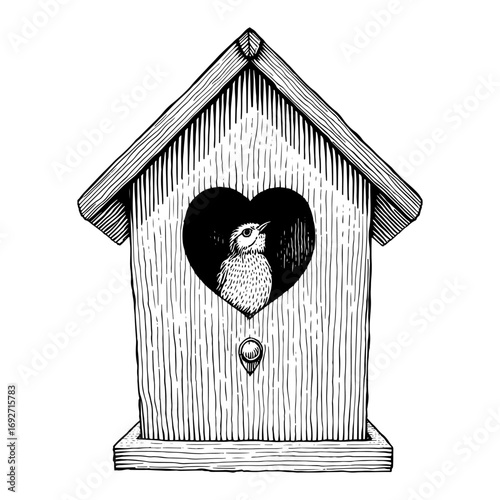 Small bird nesting inside a heart-shaped birdhouse in a charming black and white woodcut illustration
