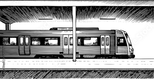 Vintage woodcut style train at a station in black and white