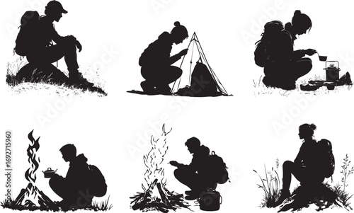 Cooking Outdoors A person using a portable stove or cooking gear, preparing a meal while backpacking. full length silhouette black vector illustration