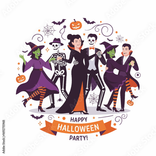 A lively Halloween party scene depicts skeletons, witches, and vampires dancing joyfully together.