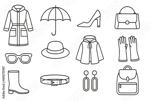 Transparent Fashion Icons. Line style icons of transparent fashion: transparent raincoat, transparent umbrella, transparent heels,