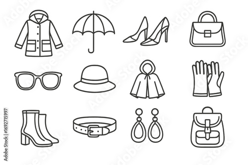 Transparent Fashion Icons. Line style icons of transparent fashion: transparent raincoat, transparent umbrella, transparent heels,