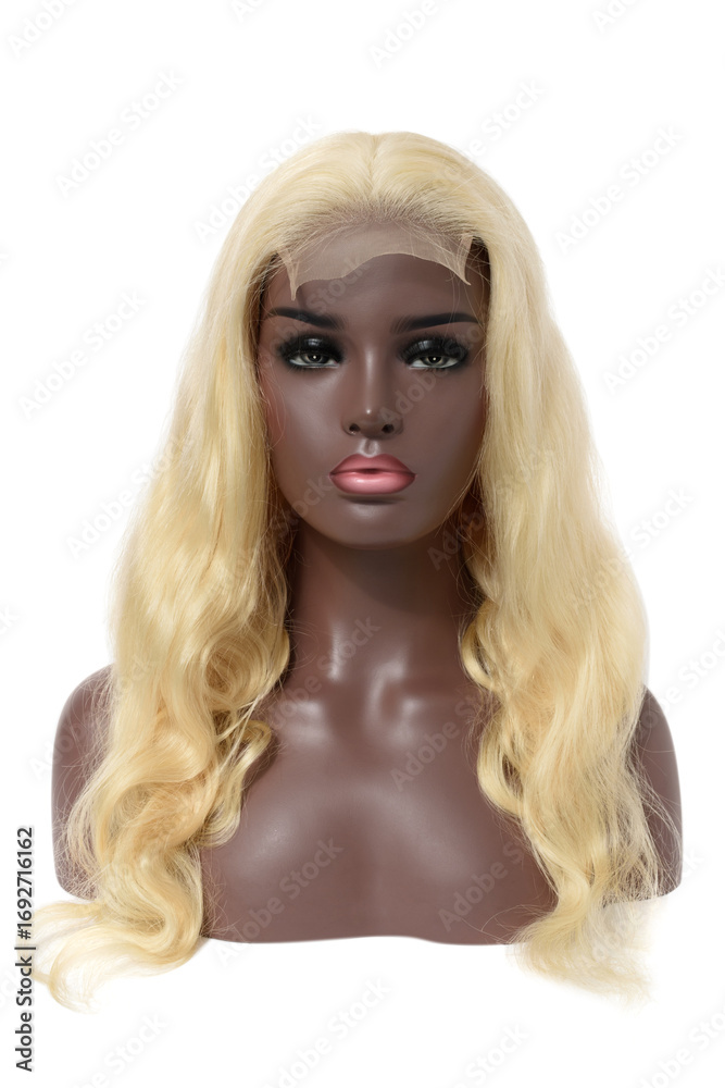 Fototapeta premium Body wavy bleached blonde human hair weaves extensions lace wigs on fake model