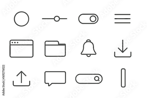 Matte UI Icons. Line style icons of matte user interface: matte button, matte slider, matte toggle, matte menu icon; matte window,