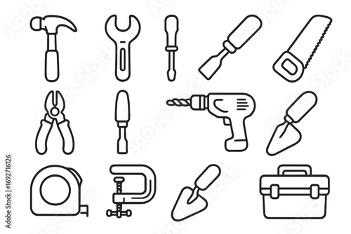 Glossy Tool Icons. Line style icons of glossy tools: glossy hammer, glossy wrench, glossy screwdriver, glossy saw; glossy pliers,