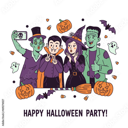 Halloween party themed cartoon characters taking a selfie, surrounded by festive decorations.