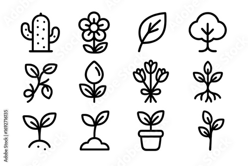 Glossy Plant Icons. Line style icons of glossy plants: glossy cactus, glossy flower, glossy leaf, glossy tree; glossy vine, glossy