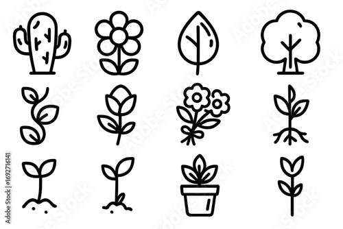 Glossy Plant Icons. Line style icons of glossy plants: glossy cactus, glossy flower, glossy leaf, glossy tree; glossy vine, glossy