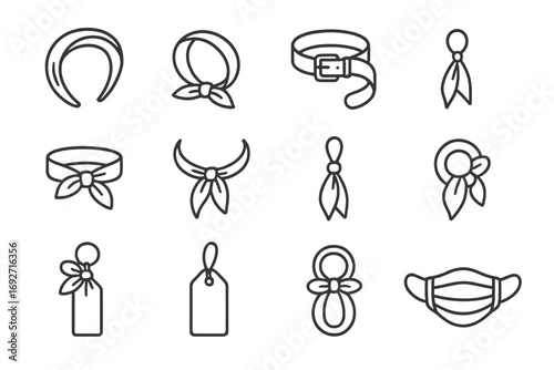 Fabric Accessories Icons. Line style icons of fabric accessories: fabric headband, fabric bracelet, fabric belt, fabric wristband;