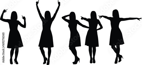 Silhouette of woman in dress posing, dancing, celebrating, different expressive poses, high heels, fashion, confidence, lifestyle, female figure, joy, party mood