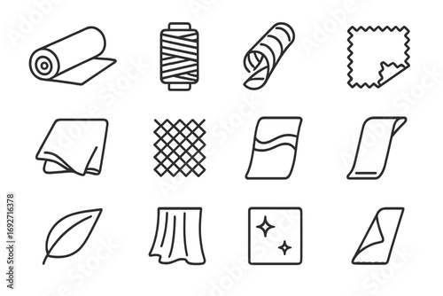 Synthetic Fabrics Icons. Line style icons of synthetic fabrics: polyester roll, nylon thread, spandex fiber, acrylic swatch;