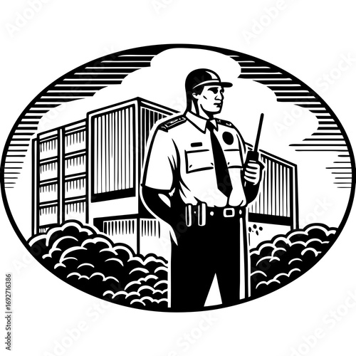 Policeman With Arms Folded, Wearing Uniform and Sunglasses Premium Vector. Shield, Protection, Security Vector Icon, Isolated Silhouette Vector Icon.


