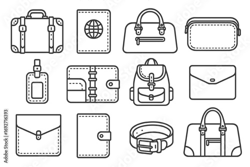 Leather Travel Icons. Line style icons of leather travel items: leather suitcase, leather passport cover, leather duffel bag,