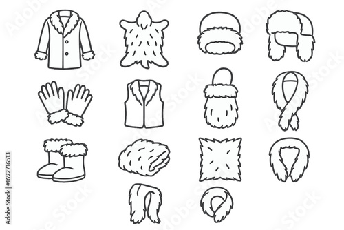 Fur Line Icons. Line style icons of fur objects: fur coat, fur rug, fur hat, fur scarf; fur gloves, fur vest, fur muff, fur collar