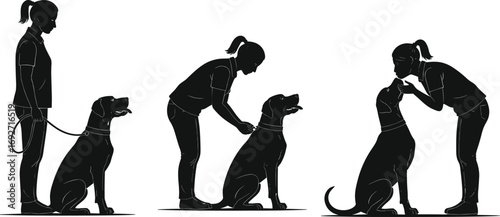 Silhouette of woman training dog with leash, pet obedience, love and care, sitting dog behavior, woman and pet interaction