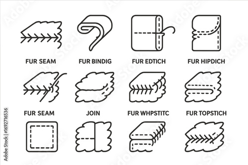 Fur Seam Icons. Line style icons of fur seams and stitching: fur seam line, fur binding, fur edge stitch, fur hand stitch; fur