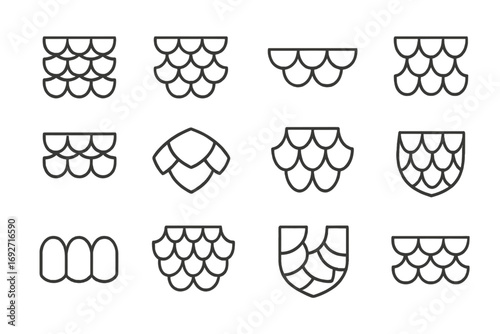 Scale Line Icons. Line style icons of overlapping scales: tightly packed scale, loosely layered scale, edge scale, central row