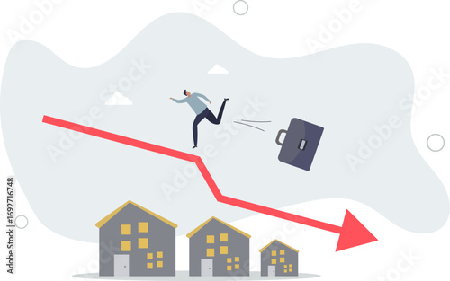Housing price falling down, real estate and property crash, value drop or decline, home loan or mortgage risk concept.life and employment of people.
