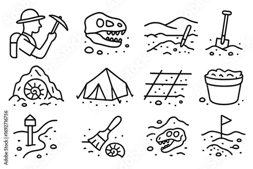 Fossil Hunting Icons. Line style icons of fossil hunting scenes: explorer with pickaxe, fossil site, desert dig area, rocky hill