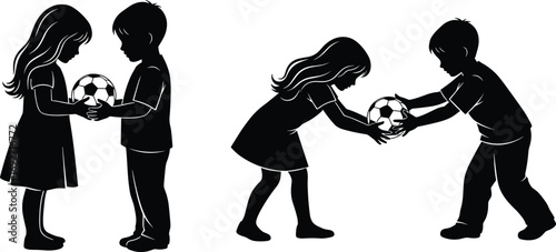 Silhouettes of children playing with soccer ball, boy and girl sharing, teamwork, friendship, outdoor play, childhood fun, active kids, cooperation, sports activity, healthy lifesty