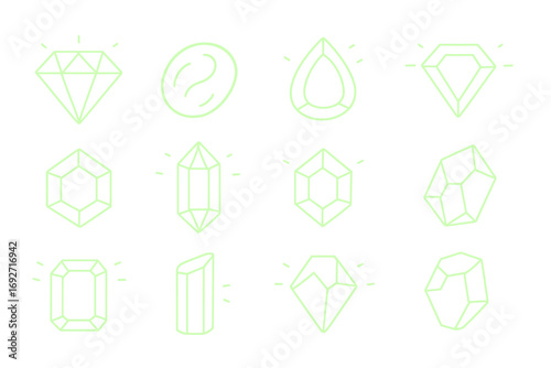 Glowing Gem Icons. Line style icons of glowing gems: radiant diamond, luminous opal, light-emitting sapphire, shining topaz; neon