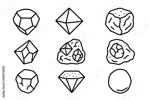 Raw Diamond Icons. Line style icons of raw and rough diamonds: uncut diamond crystal, octahedral diamond, rough diamond nugget,