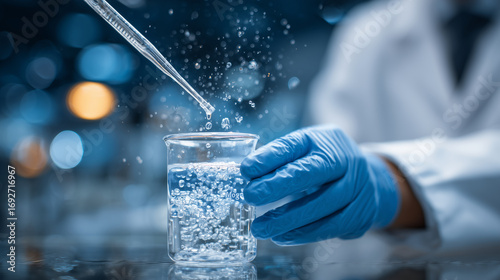 Scientist in laboratory gloves using pipette to test water sample in a beaker, labeled contaminants like PFAS and lead floating above. water testing, PFAS detection, lab analysis,