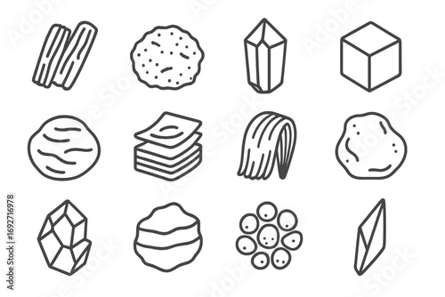 Mineral Texture Icons. Line style icons of mineral textures: fibrous asbestos, earthy limonite, vitreous quartz, metallic pyrite;