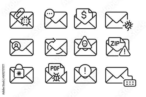 Email Threat Icons. Line style icons of email threats: infected attachment icon, spam mail, fake invoice email, link to malware;