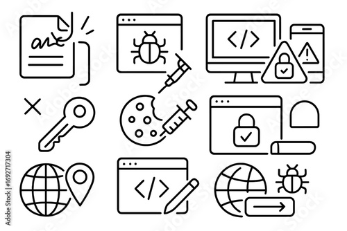 Cyber Fraud Icons. Line style icons of cyber-related fraud: digital signature hack, browser session tamper, backend API misuse,
