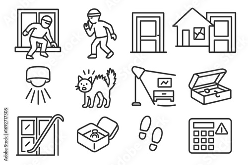Home Invasion Icons. Line style icons of home invasion: window entry icon, silent intruder, house with broken glass, backdoor