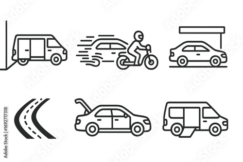 Robbery Getaway Icons. Line style icons of robbery getaway vehicles: van with open doors, stolen car, motorcycle escape, black
