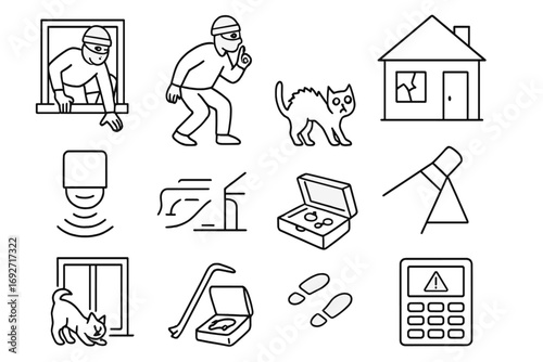 Home Invasion Icons. Line style icons of home invasion: window entry icon, silent intruder, house with broken glass, backdoor