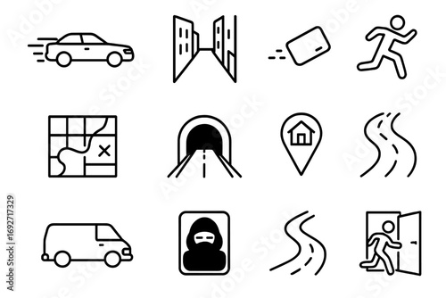 Escape Plan Icons. Line style icons of getaway scenes: speeding car, alley escape path, dropped item trail, pursued icon; map with