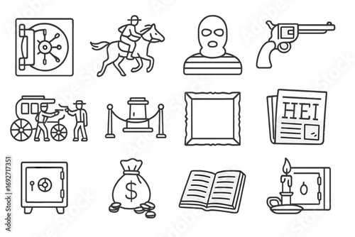 Historic Robbery Icons. Line style icons of historic robbery scenes: old vault door, horse escape icon, black-and-white mask