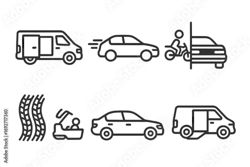 Robbery Getaway Icons. Line style icons of robbery getaway vehicles: van with open doors, stolen car, motorcycle escape, black