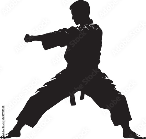 A martial artist deflecting an attack with a quick, light motion of the hand or arm. full length silhouette black vector illustration