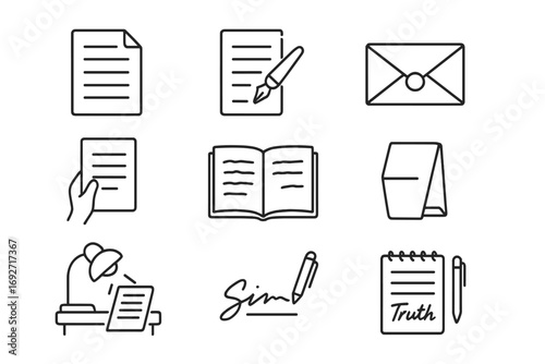 Written Confessions Icons. Line style icons of written confessions: paper with text, ink pen over letter, handwritten lines,