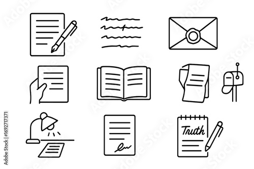 Written Confessions Icons. Line style icons of written confessions: paper with text, ink pen over letter, handwritten lines,