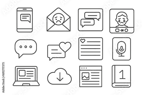Digital Confession Icons. Line style icons of digital confessions: smartphone message, email with emotional icon, chat window,
