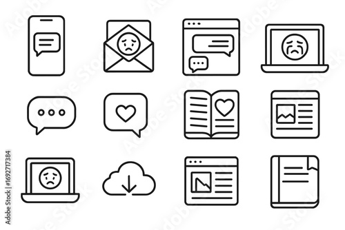 Digital Confession Icons. Line style icons of digital confessions: smartphone message, email with emotional icon, chat window,