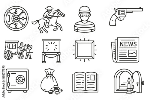 Historic Robbery Icons. Line style icons of historic robbery scenes: old vault door, horse escape icon, black-and-white mask