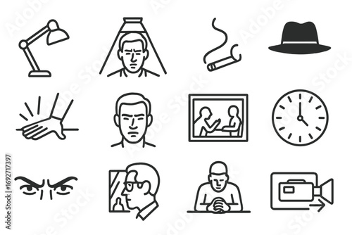 Cinematic Interrogation Icons. Line style icons of classic cinematic interrogation scenes: noir lamp icon, spotlight on face,