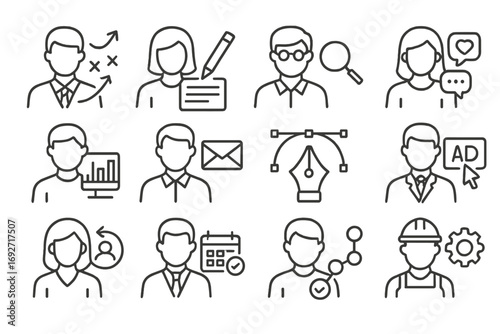 Digital Marketing Team Icons. Line style icons of digital marketing team roles: strategist head, content writer, SEO expert,