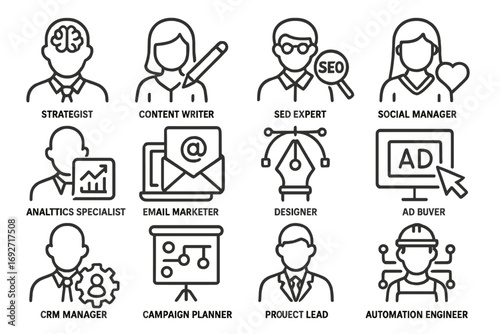 Digital Marketing Team Icons. Line style icons of digital marketing team roles: strategist head, content writer, SEO expert,